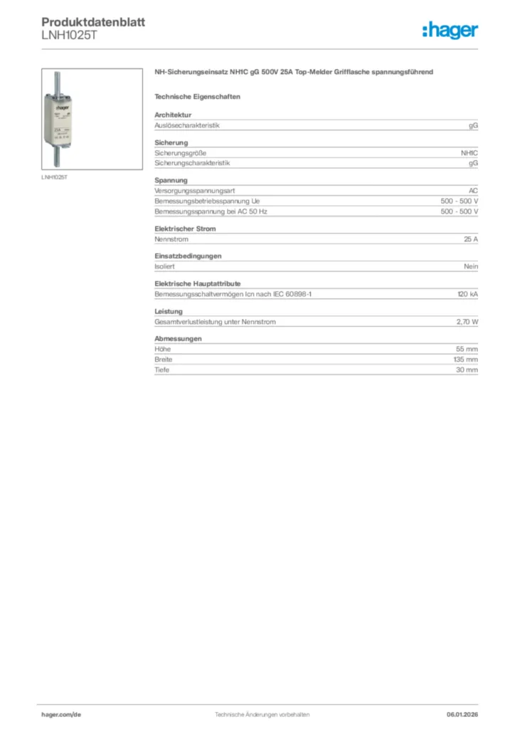 Bild Hager Produktdatenblatt LNH1025T | Hager Deutschland