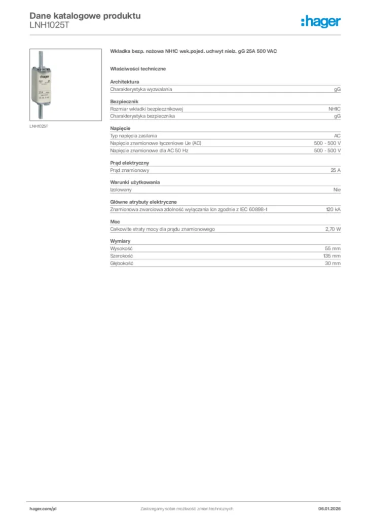 Zdjęcie Hager Karta katalogowa LNH1025T | Hager Polska
