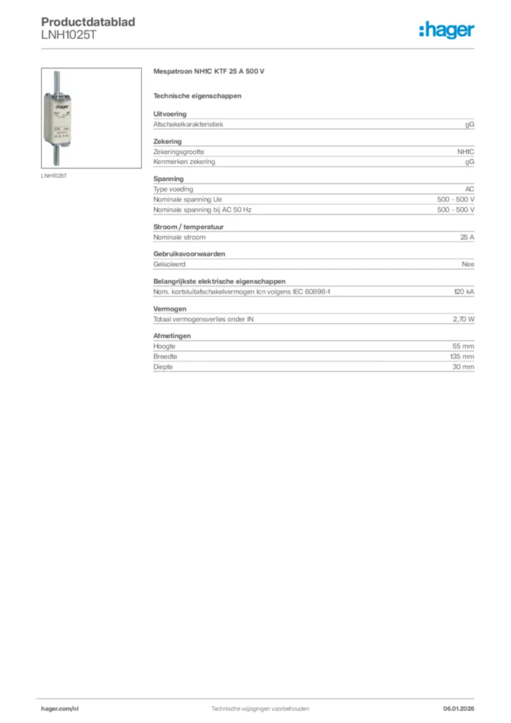 Afbeelding Hager Productdatablad LNH1025T | Hager Nederland