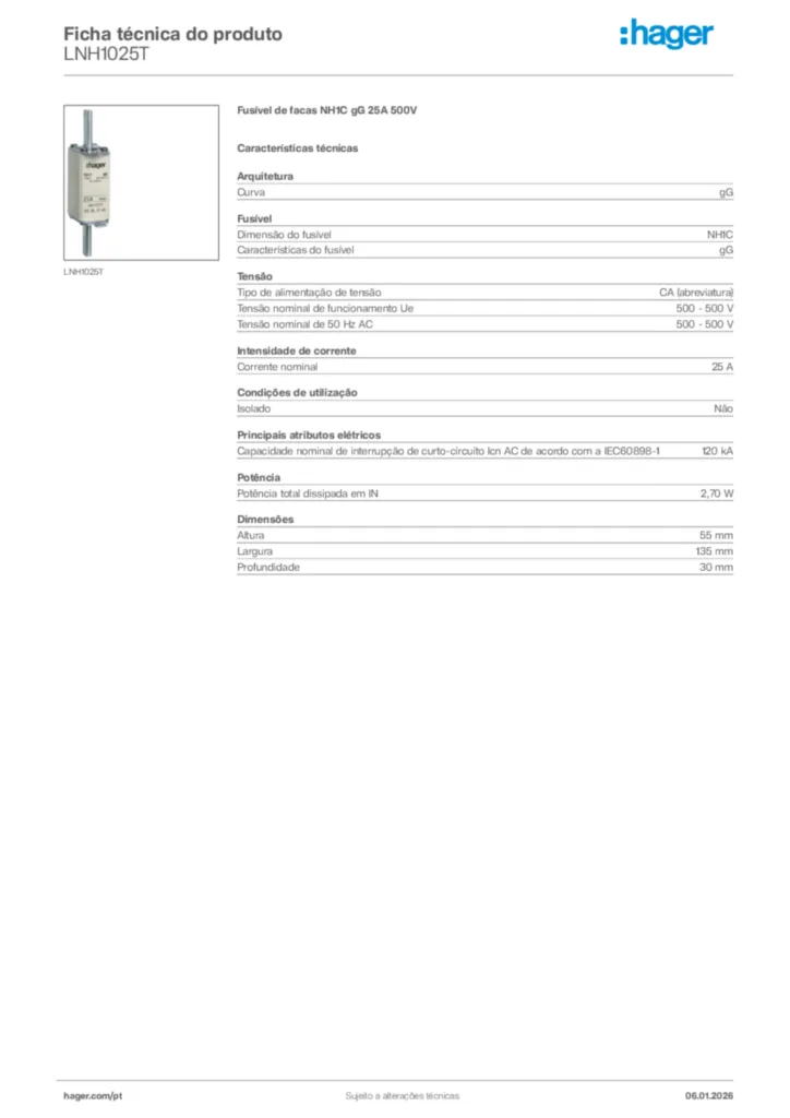 Imagem Hager Ficha técnica do produto LNH1025T | Hager Portugal