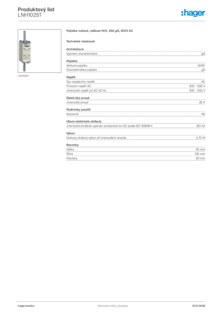 Obrázek Hager Product data sheet LNH1025T | Hager
