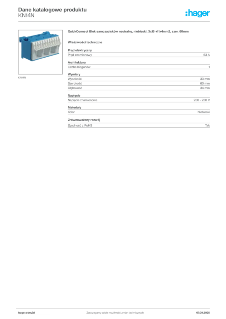 Zdjęcie Hager Dane katalogowe produktu KN14N | Hager Polska