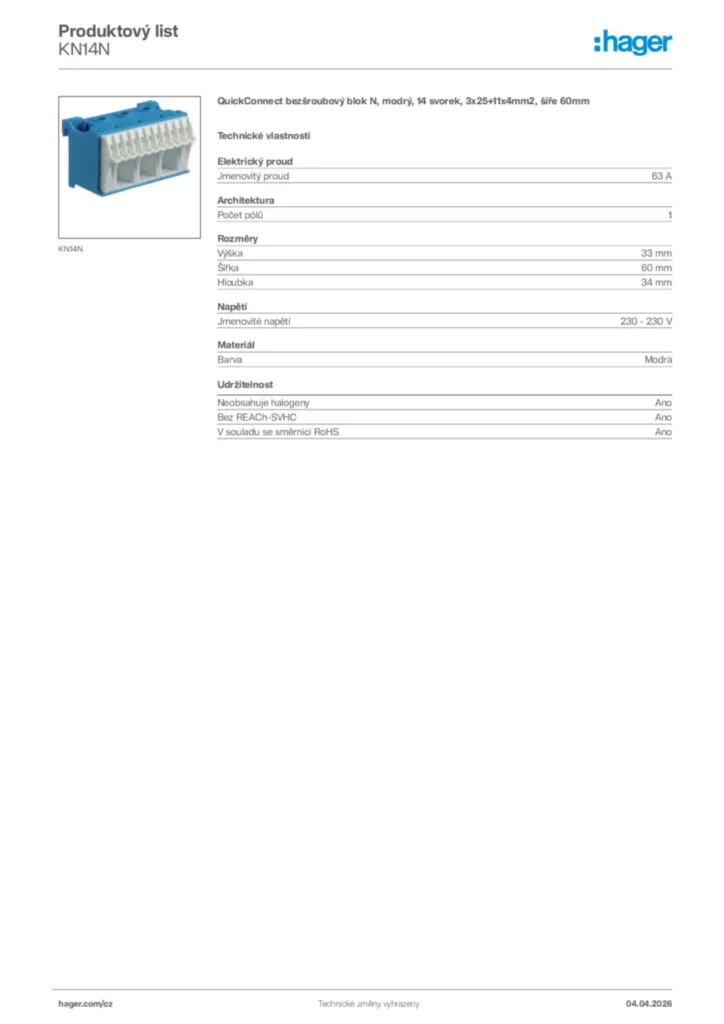 Obrázek Hager Product data sheet KN14N | Hager