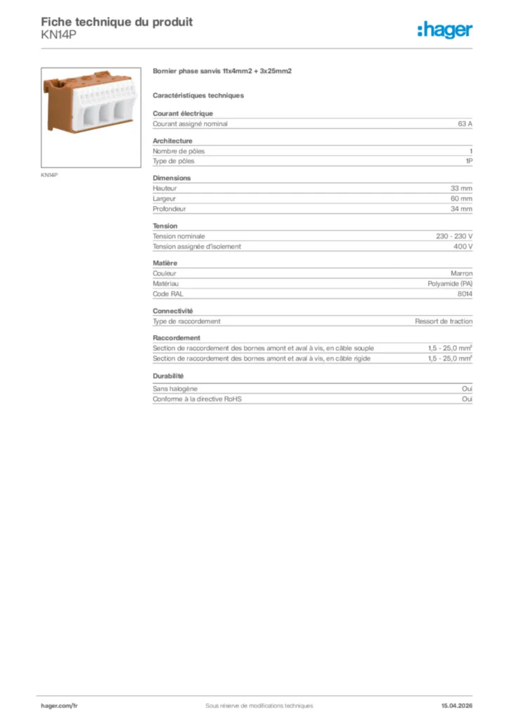 Image Hager Fiche technique du produit KN14P | Hager France