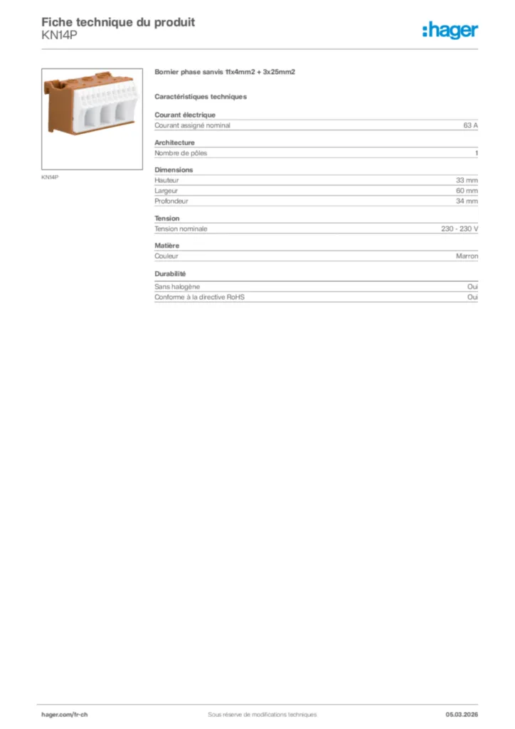 Image Hager Fiche technique du produit KN14P | Hager Suisse