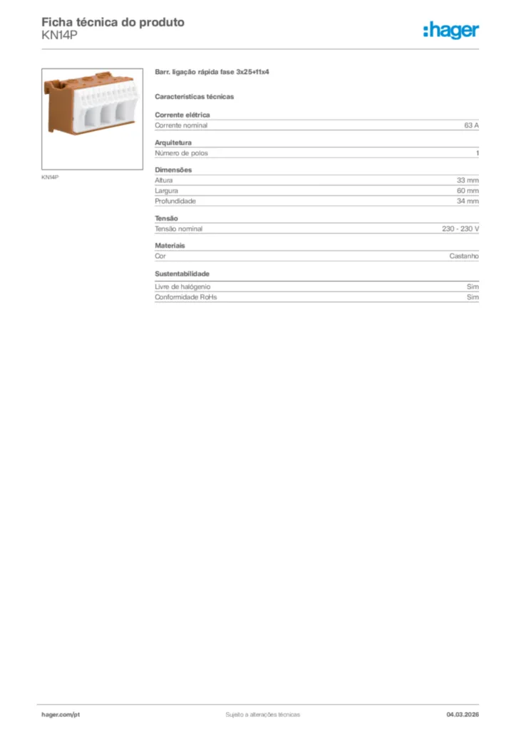 Imagem Hager Ficha técnica do produto KN14P | Hager Portugal