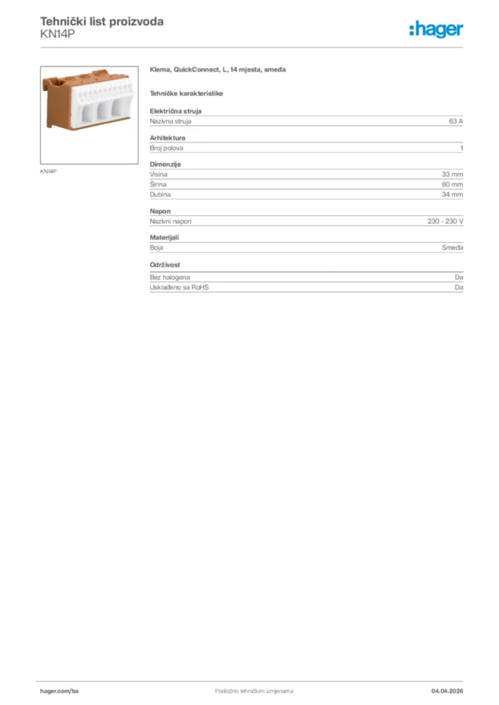 Slika Hager Tehnički list proizvoda KN14P  | Hager