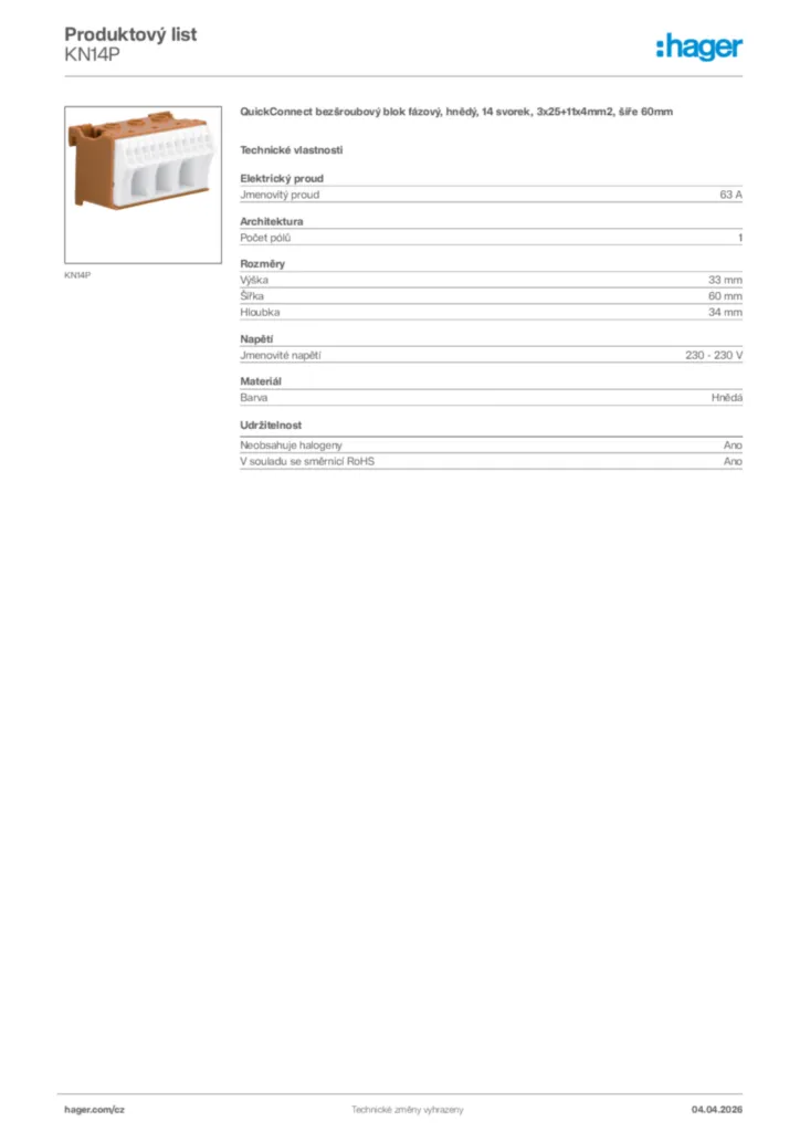 Obrázek Hager Product data sheet KN14P | Hager