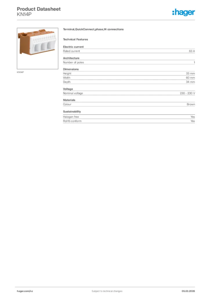 Image Hager Product data sheet KN14P  | Hager New Zealand