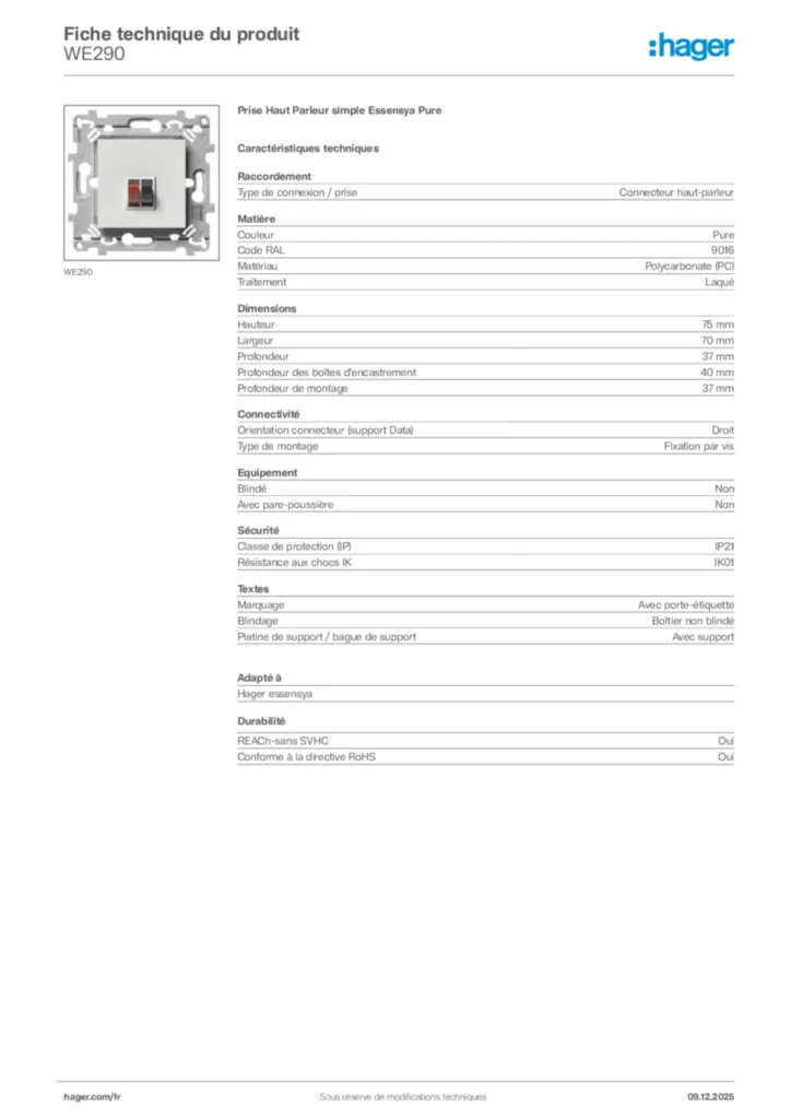 Image Hager Fiche technique du produit WE290 | Hager France