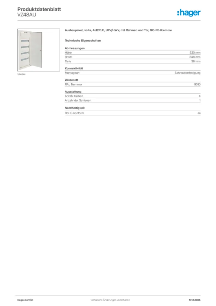 Bild Hager Produktdatenblatt VZ48AU | Hager Deutschland