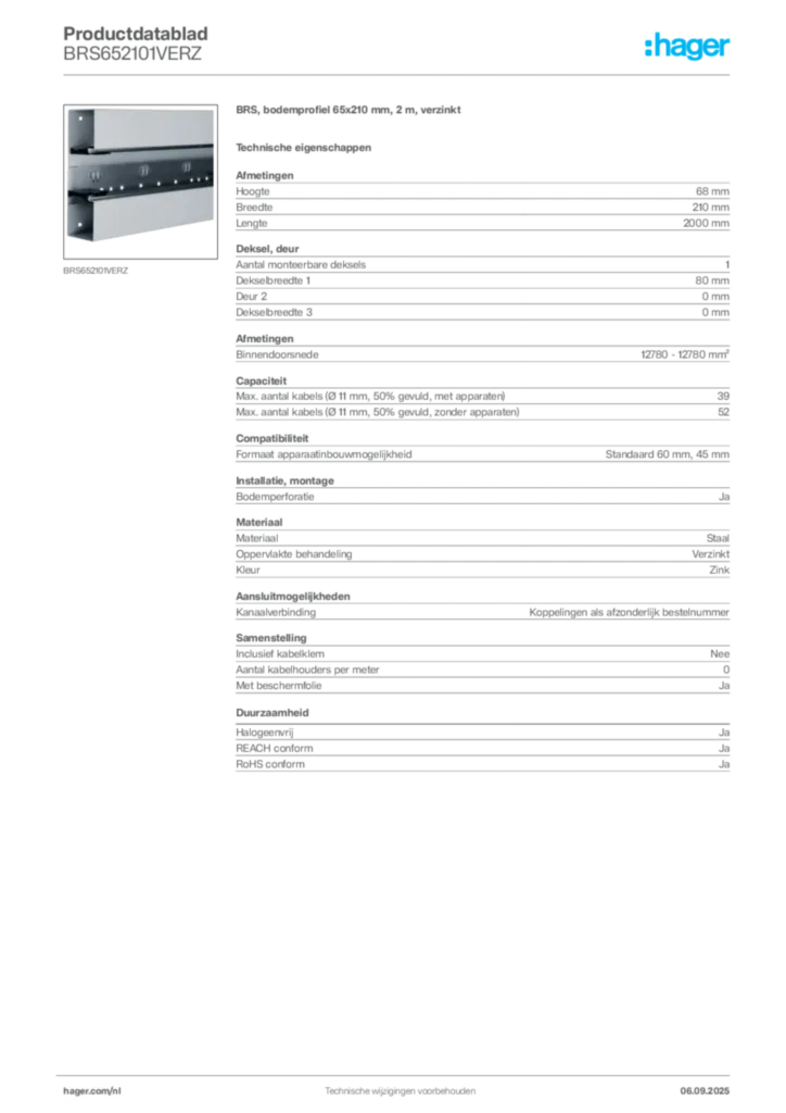 Afbeelding Hager Productdatablad BRS652101VERZ | Hager Nederland