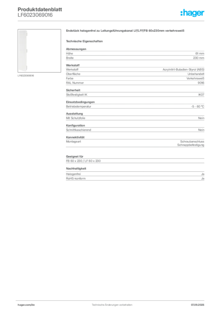 Bild Hager Produktdatenblatt LF6023069016 | Hager Deutschland