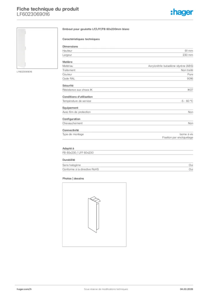 Image Hager Fiche technique du produit LF6023069016 | Hager France