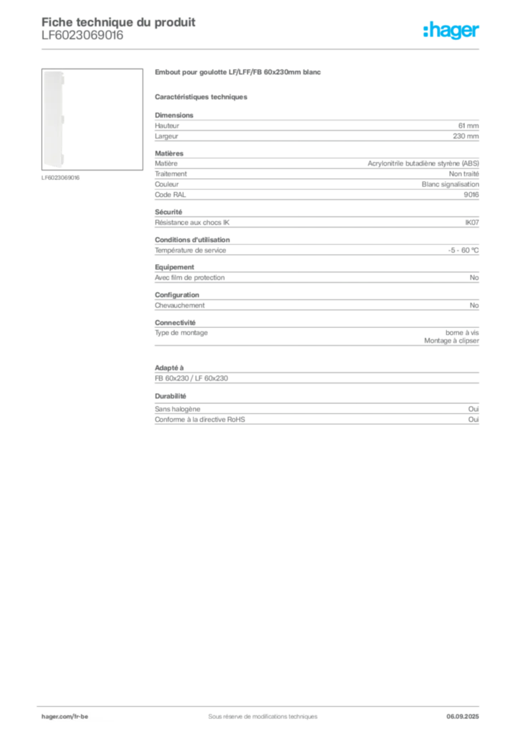 Image Hager Fiche technique du produit LF6023069016 | Hager Belgique