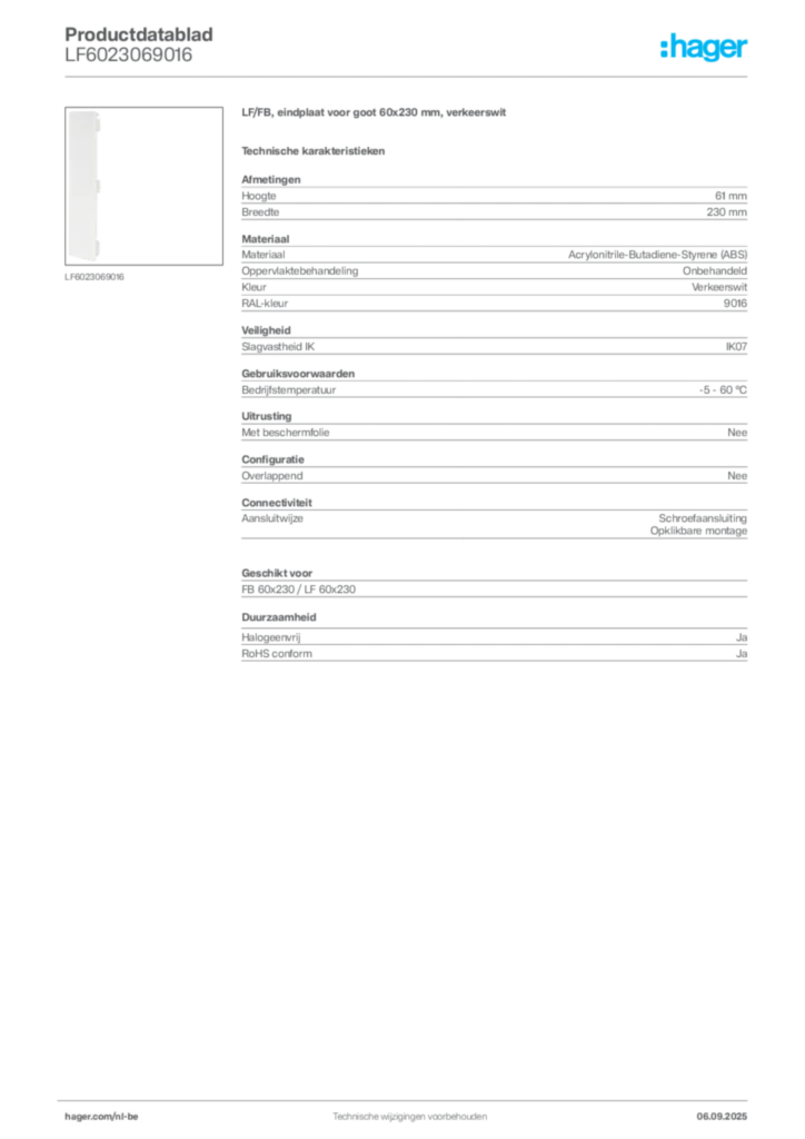 Afbeelding Hager Productdatablad LF6023069016 | Hager Belgium