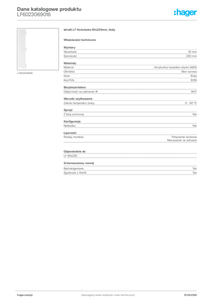 Zdjęcie Hager Dane katalogowe produktu LF6023069016 | Hager Polska