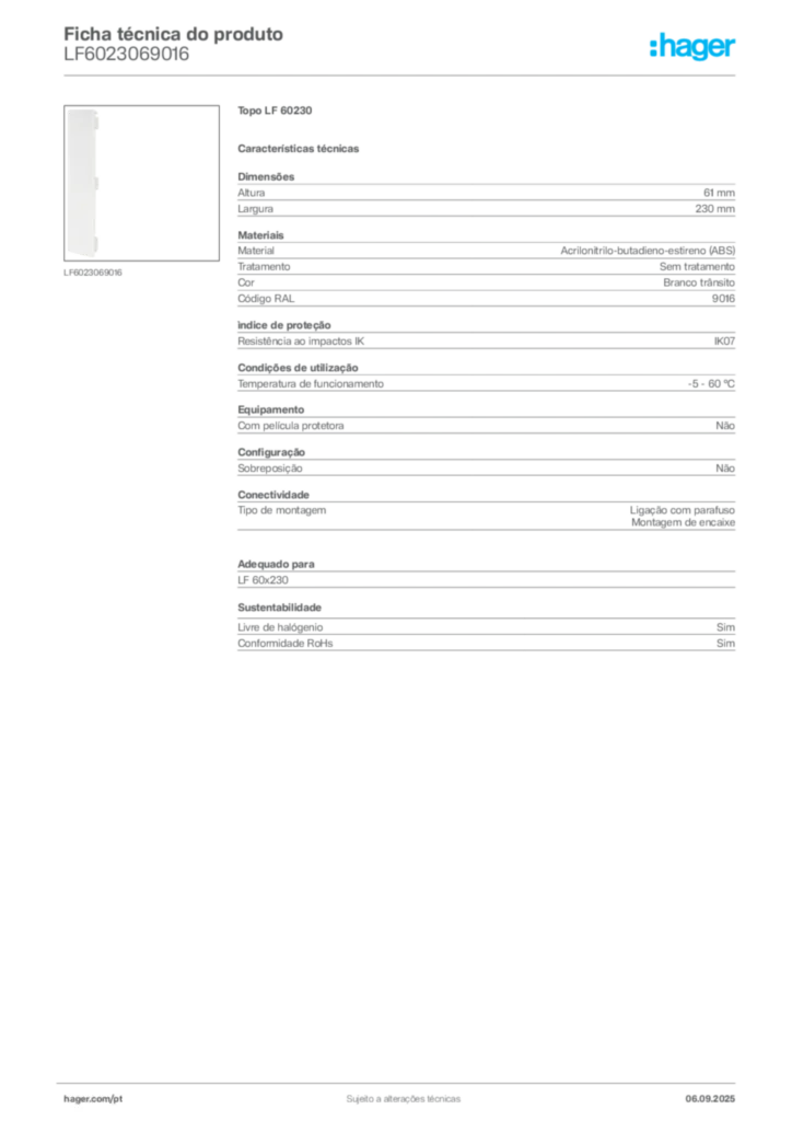Imagem Hager Ficha técnica do produto LF6023069016 | Hager Portugal