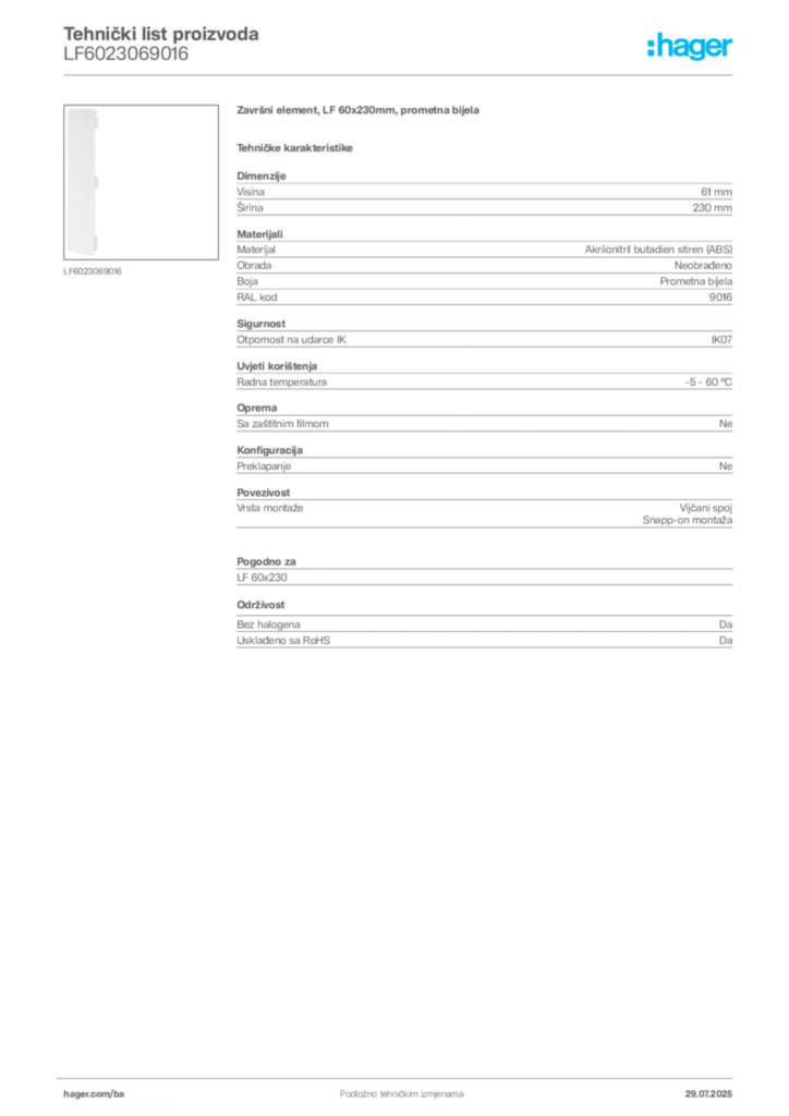 Slika Hager Product data sheet LF6023069016  | Hager