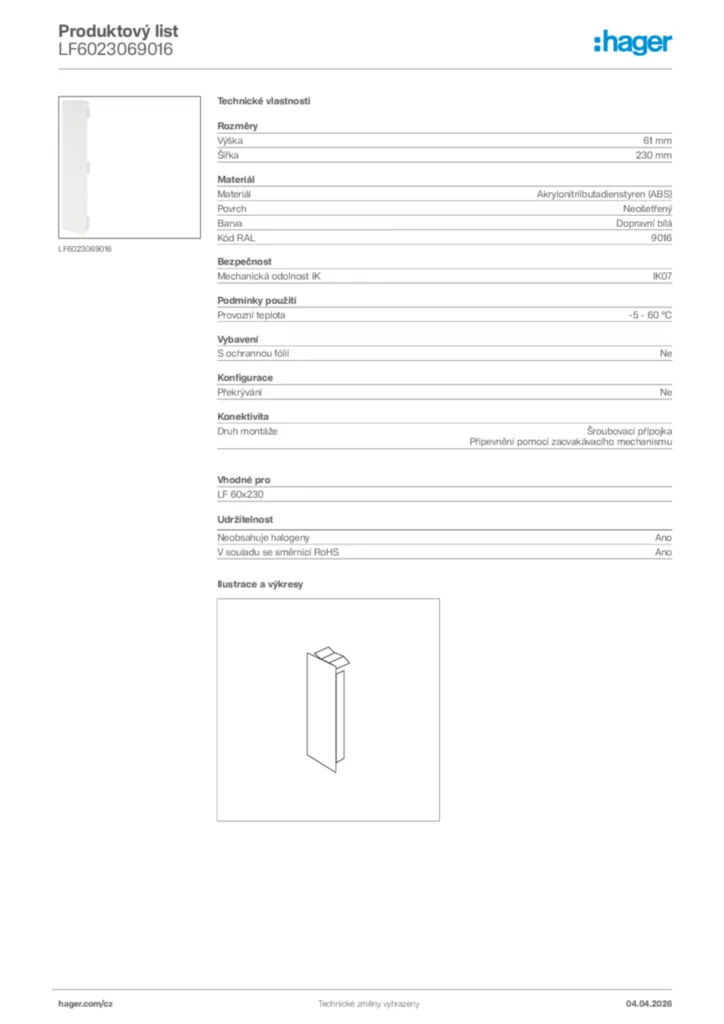 Obrázek Hager Product data sheet LF6023069016 | Hager