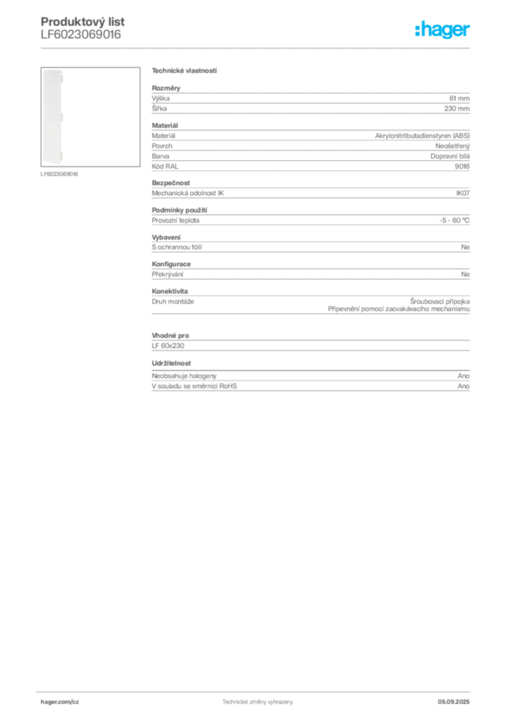 Obrázek Hager Produktový list LF6023069016 | Hager