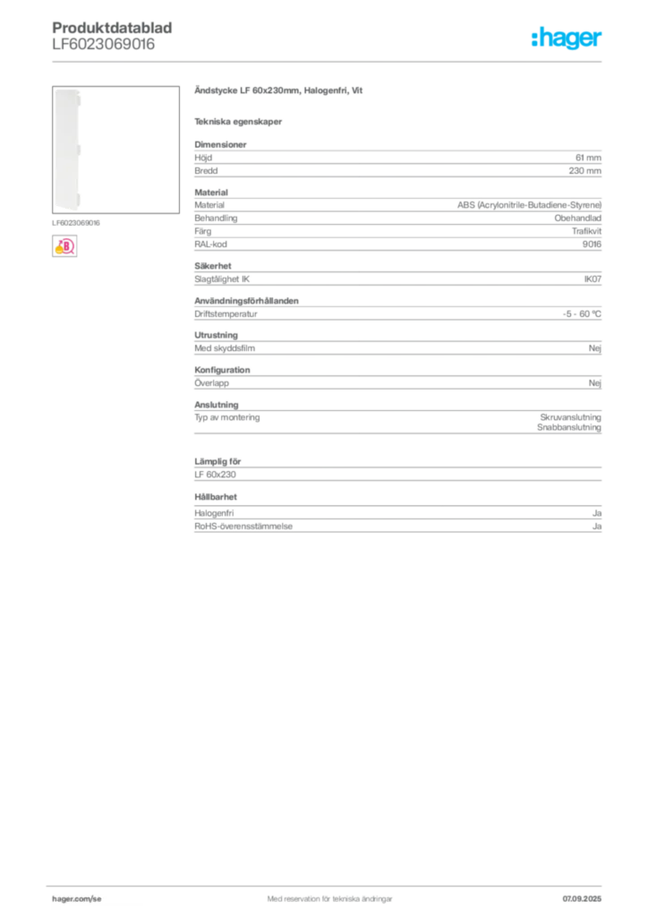 Bild Hager Produktdatablad LF6023069016 | Hager Sverige