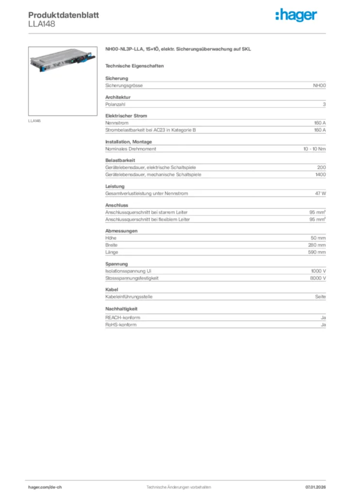 Bild Hager Produktdatenblatt LLA148 | Hager Schweiz