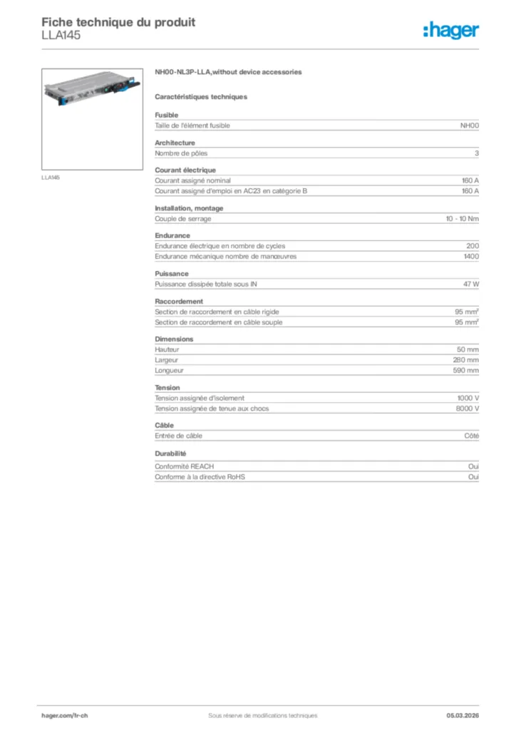 Image Hager Fiche technique du produit LLA145 | Hager Suisse