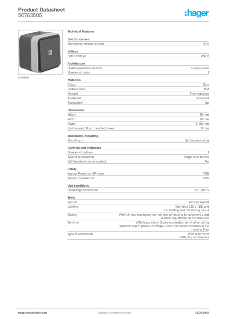 Image Hager Product data sheet 50763505  | Hager