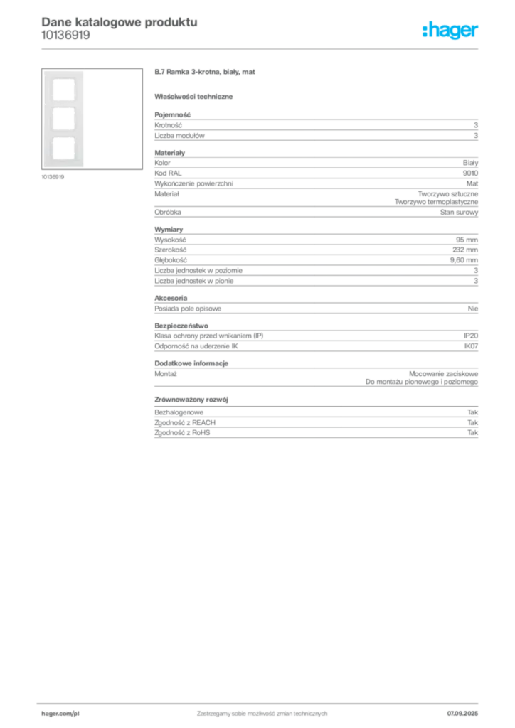 Zdjęcie Hager Dane katalogowe produktu 10136919 | Hager Polska