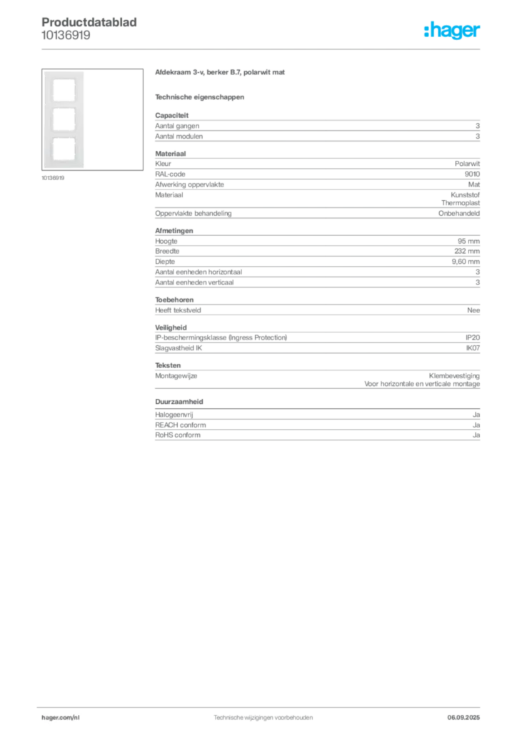 Afbeelding Hager Productdatablad 10136919 | Hager Nederland