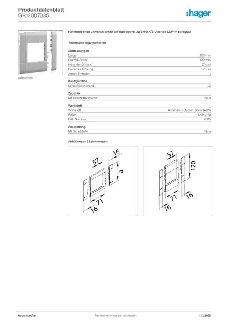 Bild Hager Produktdatenblatt GR12007035 | Hager Deutschland