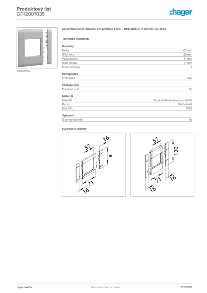 Obrázek Hager Produktový list GR12007035 | Hager