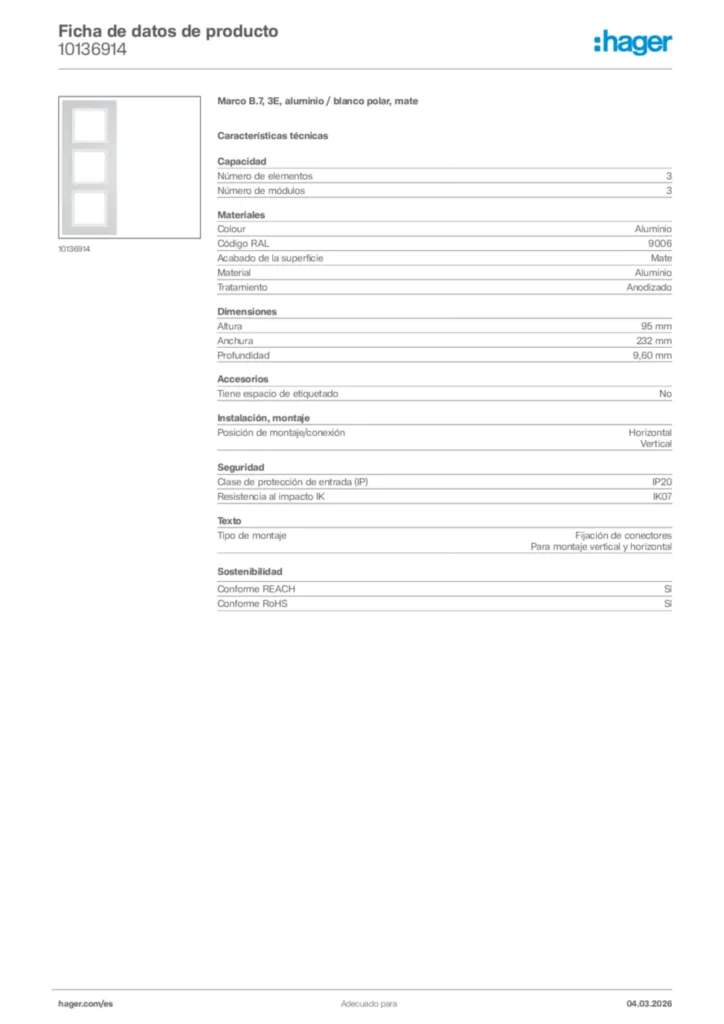 Imagen Hager Ficha de datos de producto 10136914 | Hager España