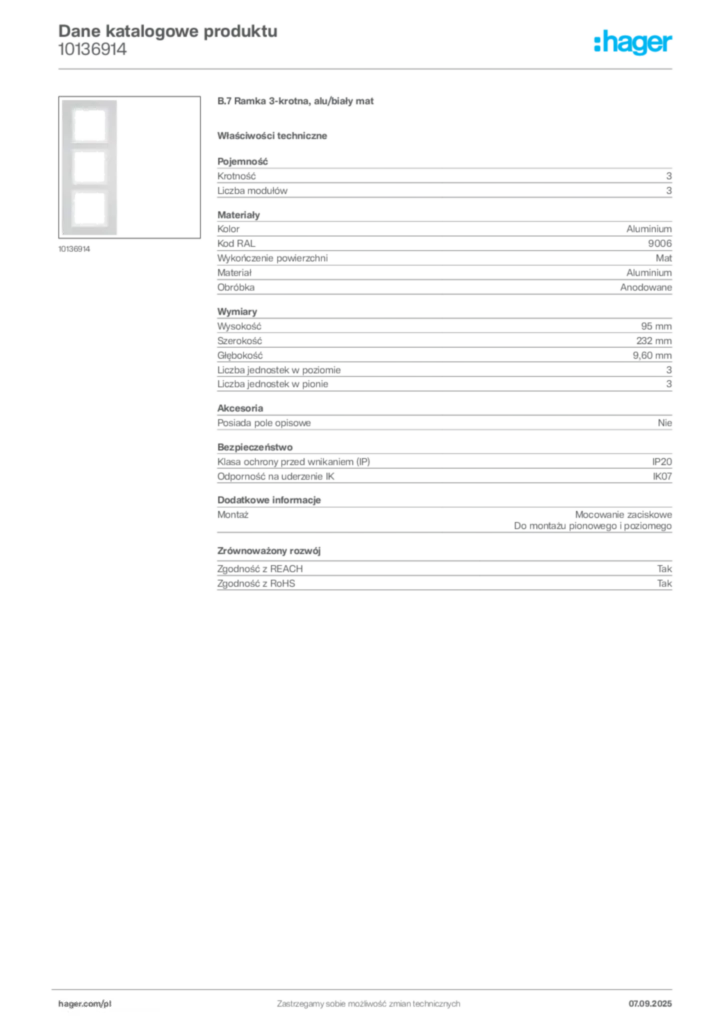 Zdjęcie Hager Dane katalogowe produktu 10136914 | Hager Polska