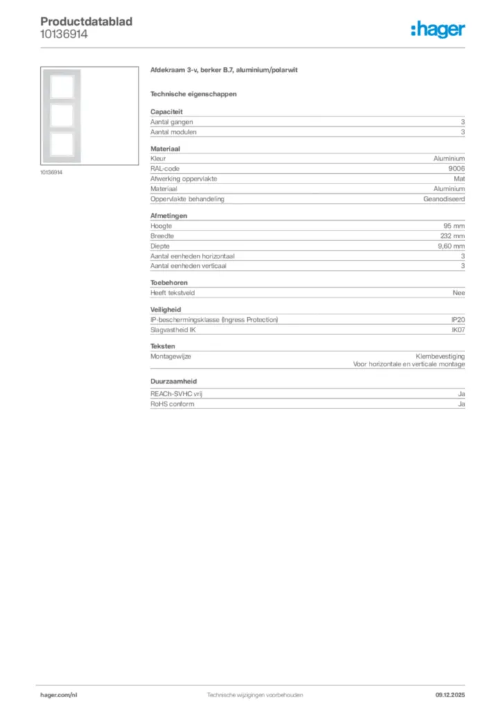 Afbeelding Hager Productdatablad 10136914 | Hager Nederland