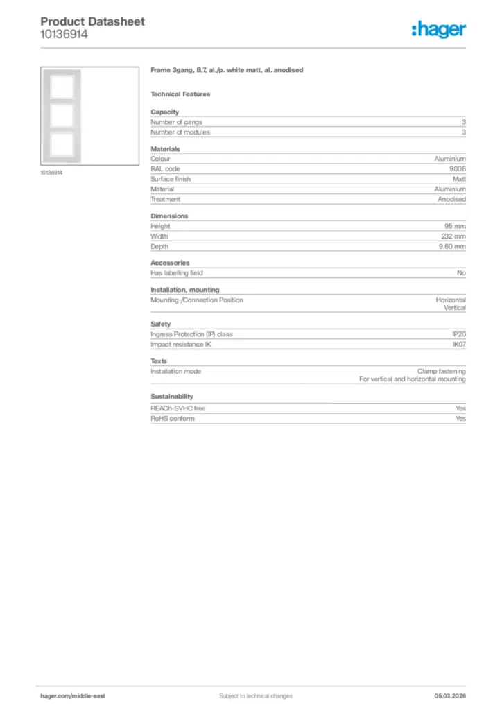 Image Hager Product data sheet 10136914  | Hager