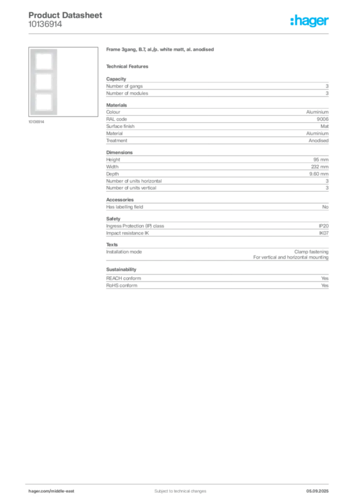Image Hager Product data sheet 10136914  | Hager