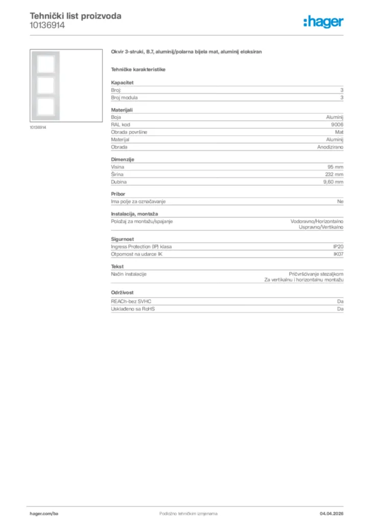 Slika Hager Tehnički list proizvoda 10136914  | Hager