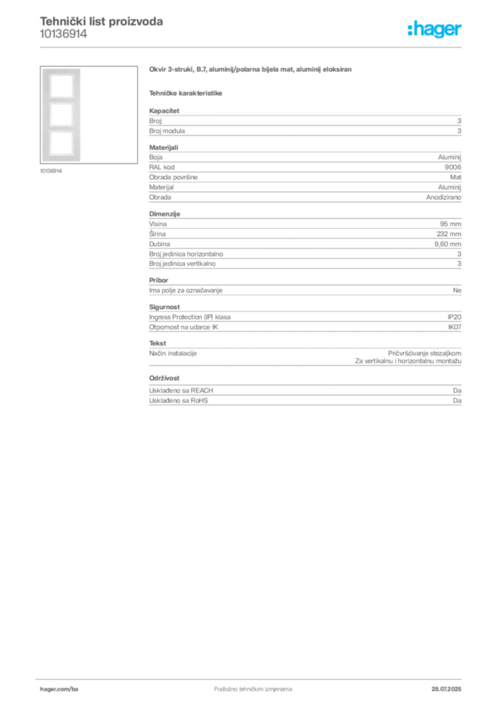 Slika Hager Product data sheet 10136914  | Hager