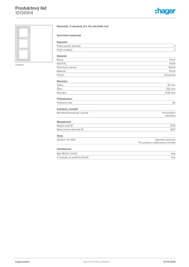 Obrázek Hager Product data sheet 10136914 | Hager