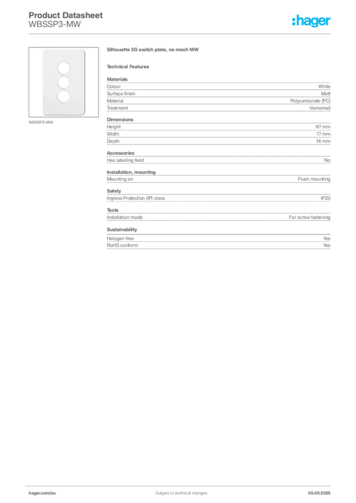 Image Hager Product data sheet WBSSP3-MW  | Hager Australia