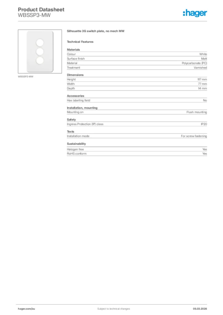 Image Hager Product data sheet WBSSP3-MW  | Hager Australia