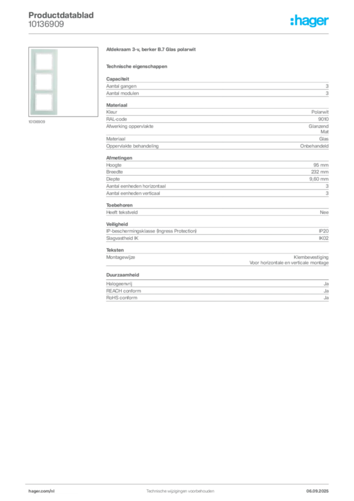 Afbeelding Hager Productdatablad 10136909 | Hager Nederland