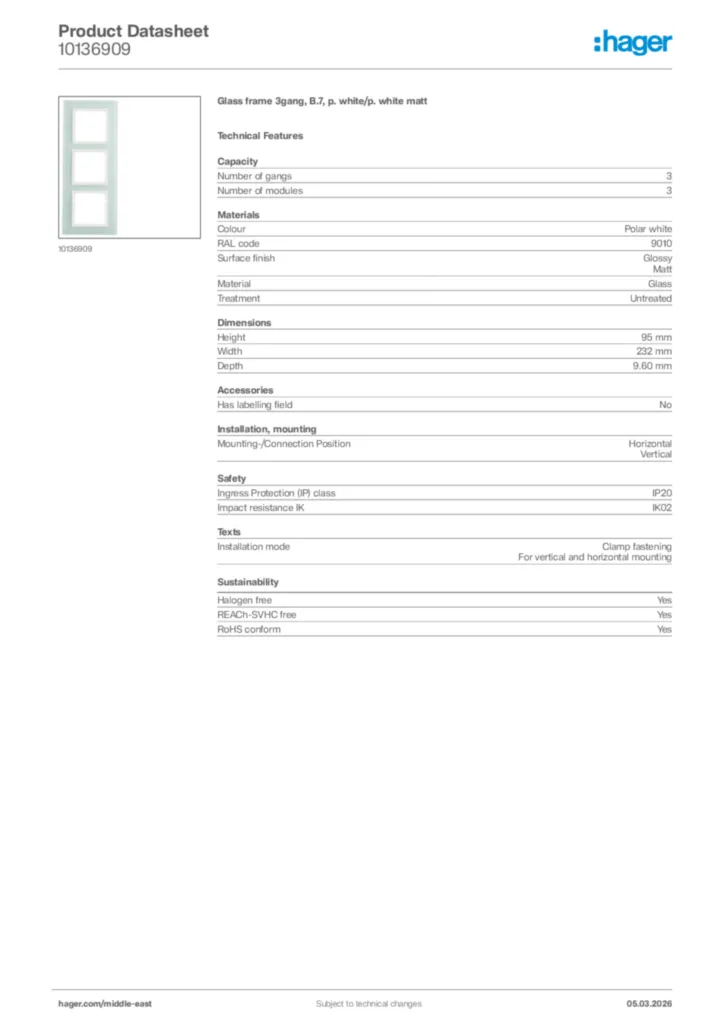 Image Hager Product data sheet 10136909  | Hager