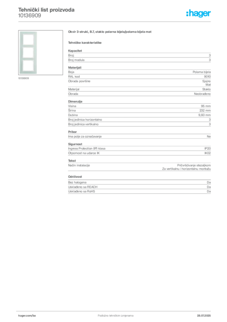 Slika Hager Product data sheet 10136909  | Hager
