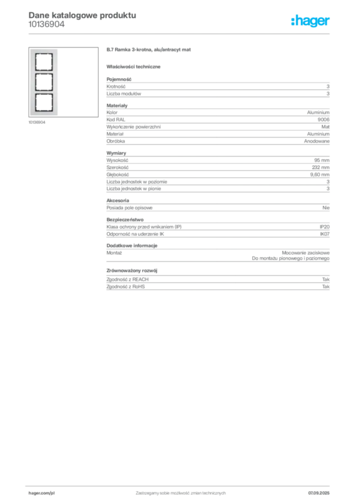 Zdjęcie Hager Dane katalogowe produktu 10136904 | Hager Polska