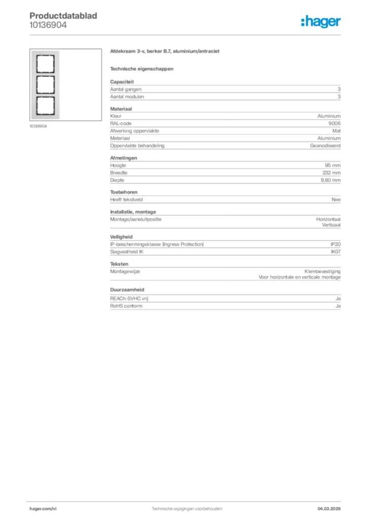 Afbeelding Hager Productdatablad 10136904 | Hager Nederland
