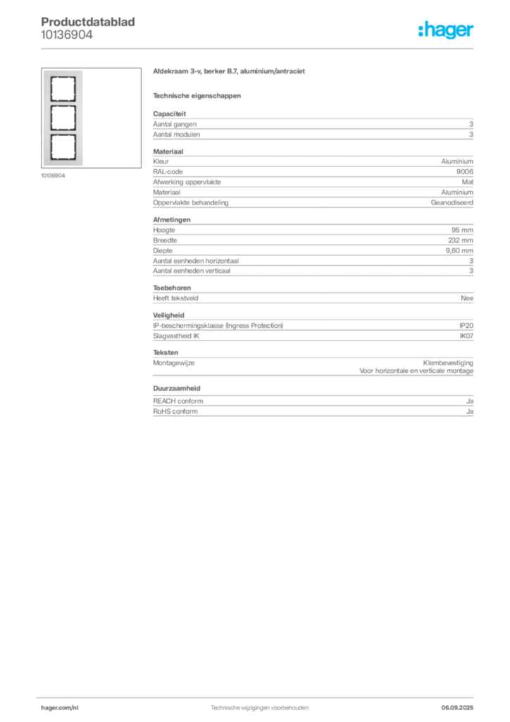Afbeelding Hager Productdatablad 10136904 | Hager Nederland