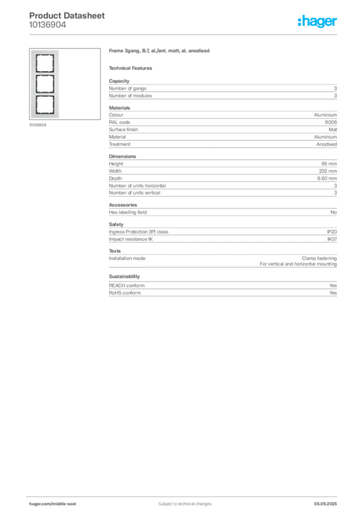 Image Hager Product data sheet 10136904  | Hager